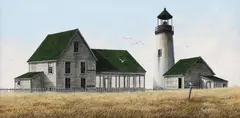 Ken Fleisch, Beach House with Lighthouse and Seagulls, oil on canvas