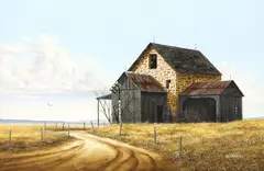 Ken Fleisch, Stone Farmhouse and Slatted Barn, oil on canvas