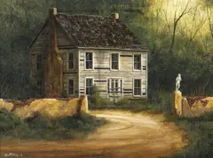 Ken Fleisch, Wood and Brick Cabin in a Forest, oil on canvas