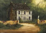 Ken Fleisch, Wood and Brick Cabin in a Forest, oil on canvas