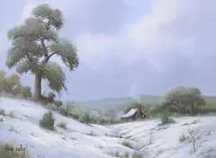 Larry Prellop, Winter Hill Country Landscape with Cabin, oil on canvas