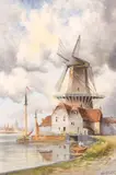 Louis Van Staaten, Middelburg Landscape with Windmill, watercolor on paper
