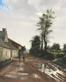 Raymond Quence, Father and Son Traversing Dirt Road, oil on canvas