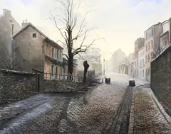 Winter Cobblestone Street Scene by Raymond Quence, oil on canvas, sold Jan 2026
