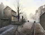 Raymond Quence, Winter Cobblestone Street Scene, oil on canvas