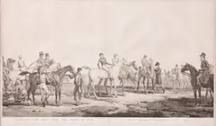 Carle Vernet, Preparatifs d'Une Poule Cinq Chevaux de Course/ Five Racers Preparing to Start, engraving on paper