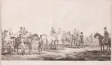 Carle Vernet, Preparatifs d'Une Poule Cinq Chevaux de Course/ Five Racers Preparing to Start, engraving on paper