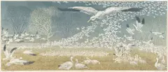 Janet Turner, Wintering Snow Geese, linocut print in colors on paper with screenprinted elements