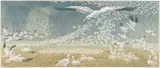 Janet Turner, Wintering Snow Geese, linocut print in colors on paper with screenprinted elements