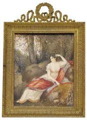 Empress Josephine in the park at Malmaison by Charles de Roze, miniature opaque watercolor, sold Nov 2025