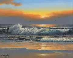 Larry Prellop, Sunset Seascape with Breaking Waves, oil on canvas