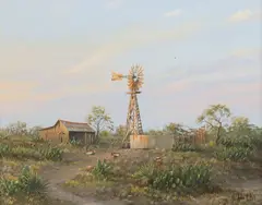 Arthur McCall, Ranch Scene with Windmill and Quail, oil on board