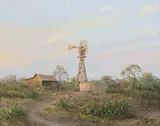 Arthur McCall, Ranch Scene with Windmill and Quail, oil on board