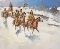 Vladan Stiha, Native American Riders in Winter, oil on canvas