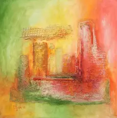 Marilyn Eitzen Jones, City - Collage, acrylic and mixed media painting on Masonite