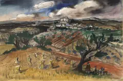 Jean-Claude Imbert, Farm Land with Shepherd and Flock, watercolor painting with oil pastel on paper