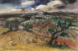 Jean-Claude Imbert, Farm Land with Shepherd and Flock, watercolor painting with oil pastel on paper