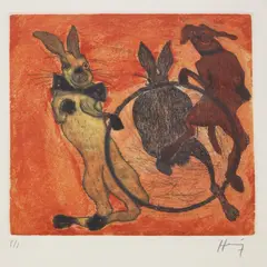 Sergio Hernández, Sin titulo (rabbits and dog with circle), etching and aquatint on paper