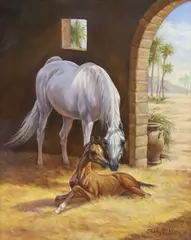 Shary B. Akers, Arabian Horse Mare and Foal in a Desert Oasis, oil on canvas
