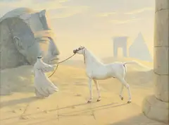 Maksymilian Novak-Zemplinski, Arabian horse and handler with Egyptian sphinx, oil on Masonite