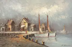 M. Blake, Overcast Harbor Scene with Sailboats, oil on canvas