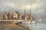 M. Blake, Overcast Harbor Scene with Sailboats, oil on canvas