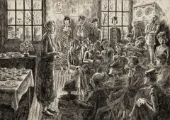 Peggy Bacon, Parents and Teacher" or "Speaking of Children, Drypoint etching