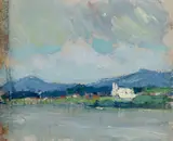 Gertrude Fiske, Town on the Edge of a Lake, Oil on canvasboard