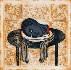 Alison Saar, Blue Plate Special, 1993, Etching, lithograph, and chine collé on Arches Cover paper