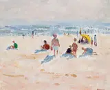 Roger Dennis, Beach Scene, Oil on board