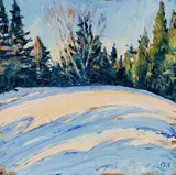 Chris Huntington, "Sun + Shadows - Mar. Afternoon - Happy Corner Rd." Patten, Maine, 2001, Oil on board