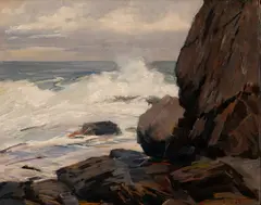 Gustave Cimiotti, Gray Day Surf, Maine, Oil on canvasboard