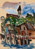 Helen Stein, Town Dock and Chapel, Oil on paper