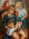 Three Blonde Boys and a White Bunny by Emily Lansingh Muir, Oil on canvas, offered Apr 2026