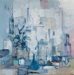 John Heliker, Still Life with Potted Plant and Bottle, Oil on canvas