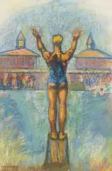 Carl Sprinchorn, Diver at Coney Island, Pastel on paper