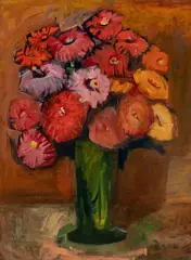 Carl Sprinchorn, Zinnias in Green Vase, Oil on board