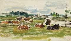 Eugène Louis Boudin, Vaches au P‰turage, Oil on paper