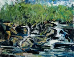 Arthur DiMambro, Falls on the Lamprey River, 2012, Oil on canvas board