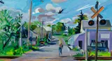 Jill Hoy, Bowdoinham Biker in Tracks, 2000, Oil on canvas