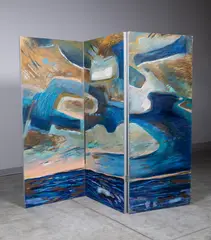 Elena Jahn, White Clouds, Monhegan, 1984, Mixed media on three paneled wooden screen