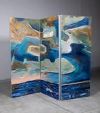 Elena Jahn, White Clouds, Monhegan, 1984, Mixed media on three paneled wooden screen