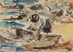 Ted Davis, Loading the Dory, Fish Beach, 1951, Watercolor on paper