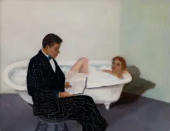 Bathtub by Jessica Gandolf, 1990, Oil on board, sold Apr 2026