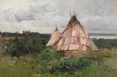 Two Tepees by Charles Herbert Woodbury, Oil on canvas, sold Jan 2026