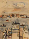 Carl Sprinchorn, New Jersey Shore from Manhattan, Watercolor and pastel on paper