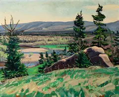 "Above the Margaree" Dave Tomkins Rock by Chris Huntington, 1981, Oil on panel, sold Aug 2025