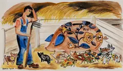 Dahlov Ipcar, Piggy Bank Farm, 1950, Watercolor on paper laid to board