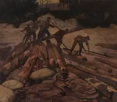 George Hallowell, Log Driving, Watercolor on paper