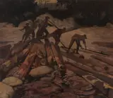 George Hallowell, Log Driving, Watercolor on paper